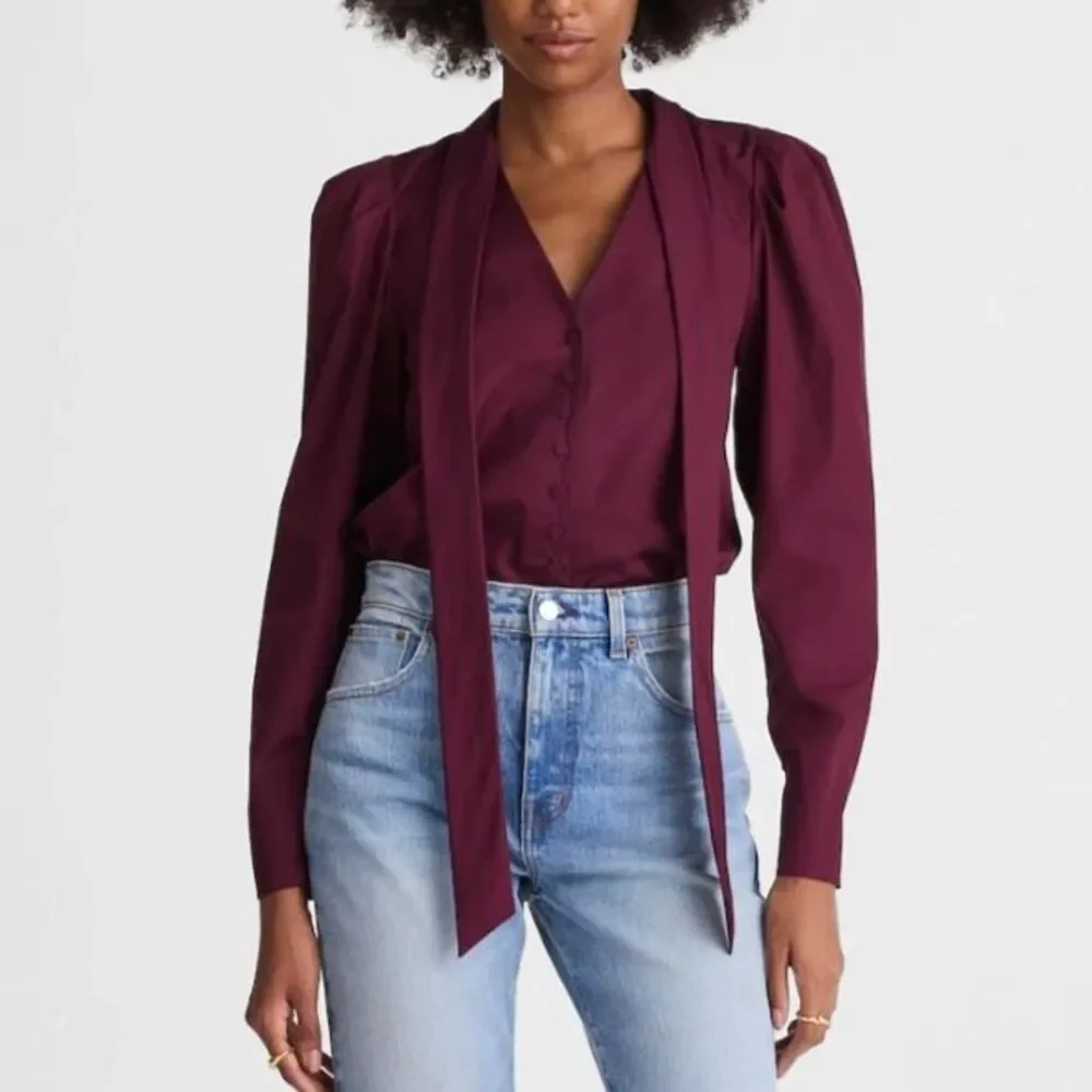 Madewell Dark Pomegranate Cotton Poplin Puff Sleeve Button-Front Tie Top Small